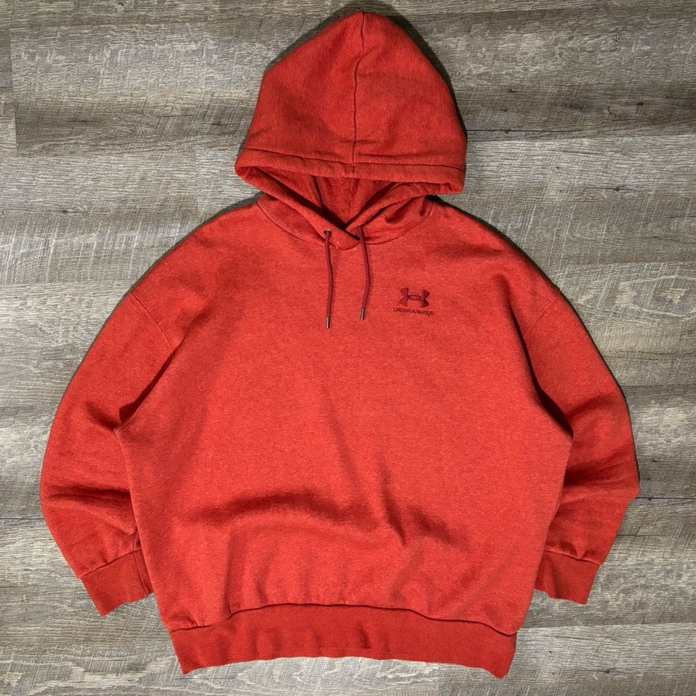 Under Armour Fleece Hoodie Men's M Red Orange Pullover Embroidered Logo
